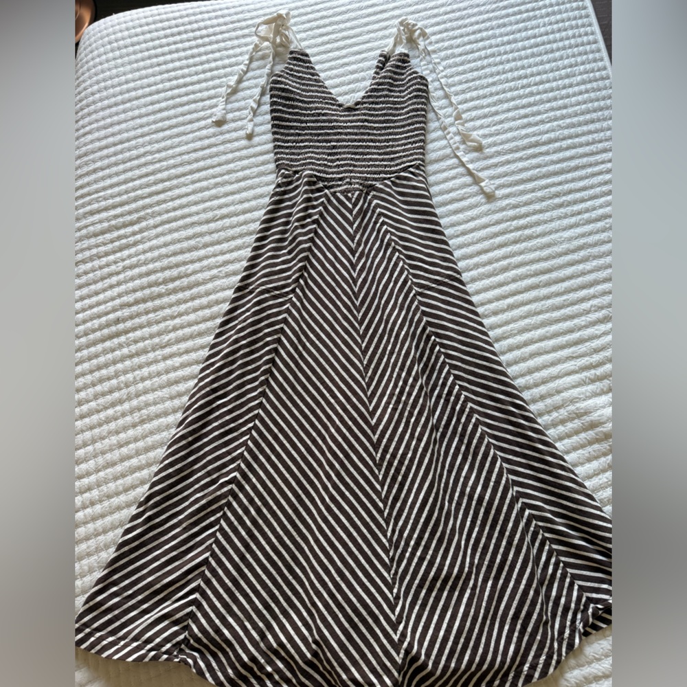 Free People Brown and White Striped Tie Shoulder Dress
